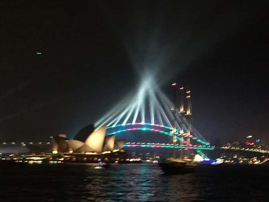 Sydney Harbour: Tall Ship Vivid Dinner Cruise - The Vivid show component: Opera House mapping + ship-sail projection