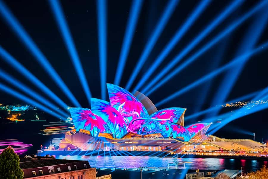 Sydney: Premium Catamaran Vivid Cruise with Welcome Drink - The Vivid route: Harbour Bridge, Opera House, and landmark-lit cruising